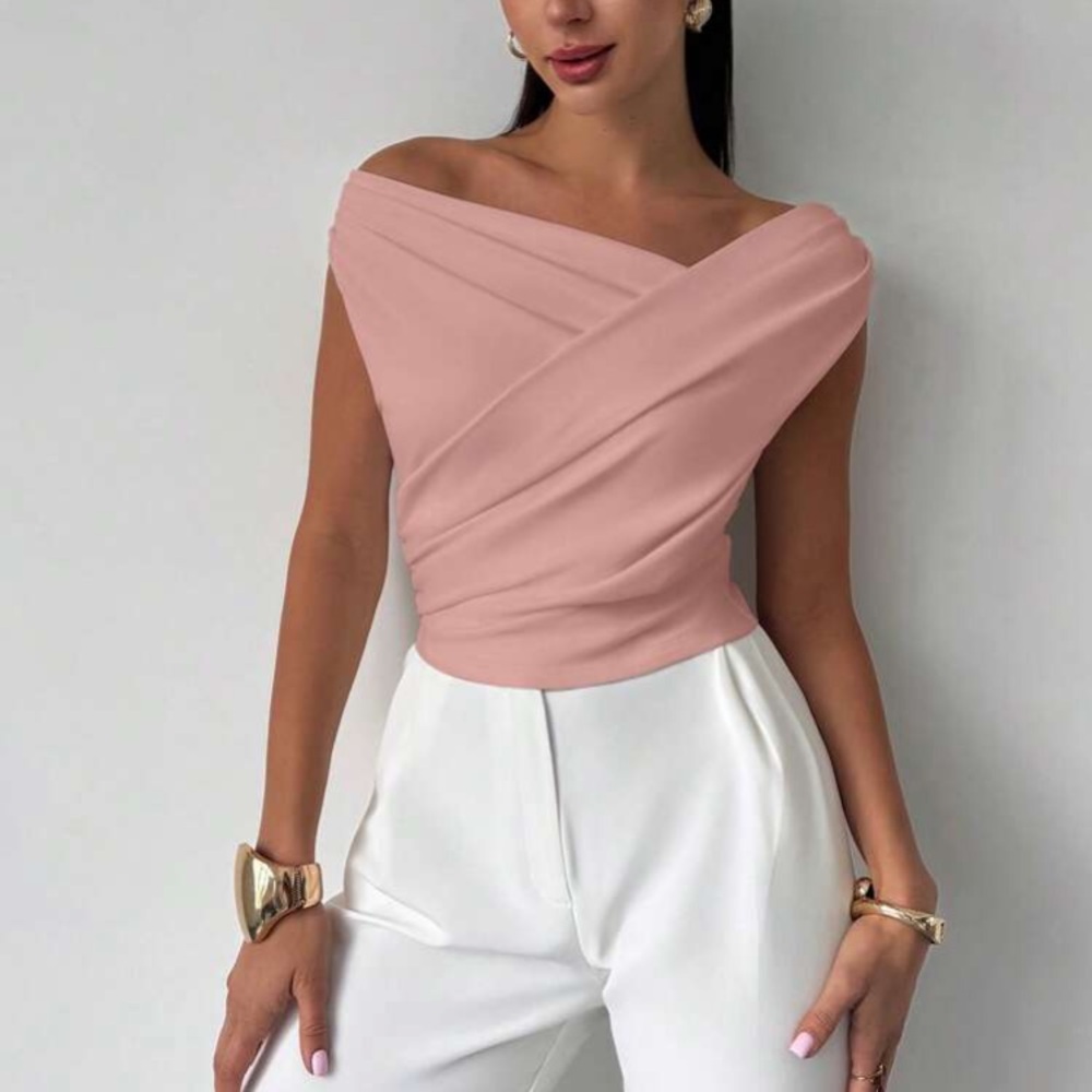 Elegant Pink Off-Shoulder Asymmetrical Neck Blouse